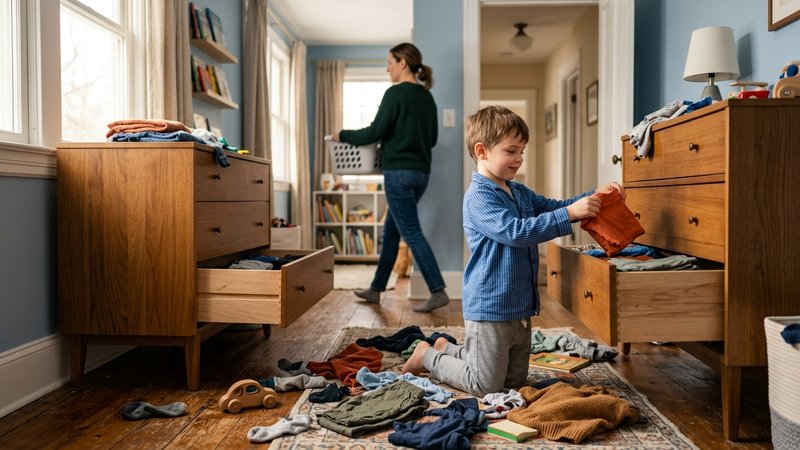 Un niño recogiendo su ropa del suelo y guardándola en un cajón, con gesto natural y sin protestar, mientras su madre pas
