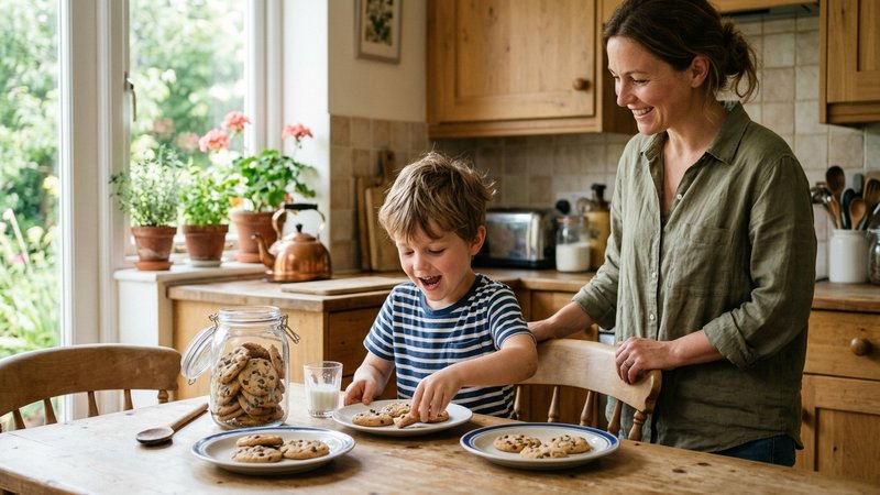 Un niño repartiendo galletas en platos sobre la mesa de la cocina, contándolas en voz alta mientras su madre lo observa