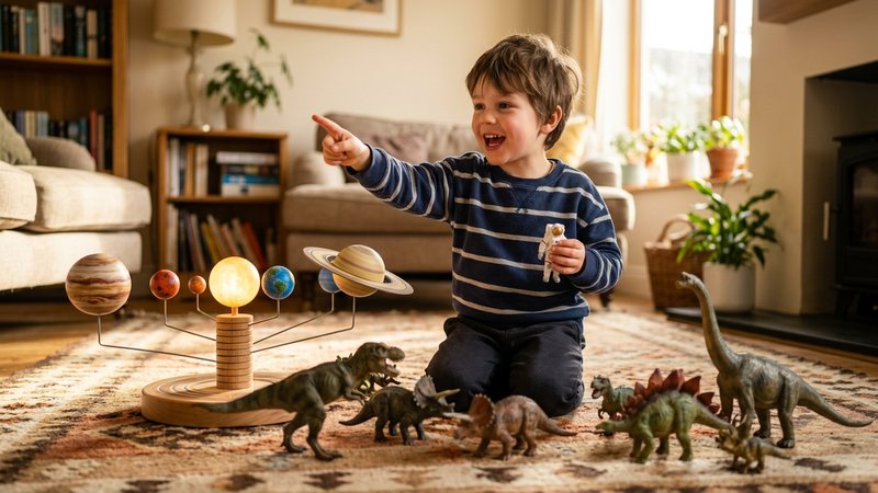 Un niño rodeado de figuras de dinosaurios y una maqueta del sistema solar sobre la alfombra del salón, explicando algo c