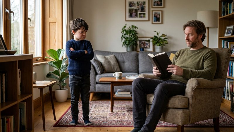 Un niño en el salón con el ceño fruncido y los brazos cruzados, protestando en silencio, mientras su padre permanece sen
