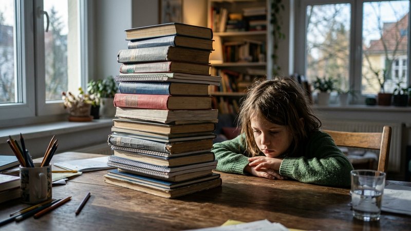 Un niño sentado a la mesa con la cabeza apoyada en las manos frente a un montón de libros y cuadernos apilados demasiado