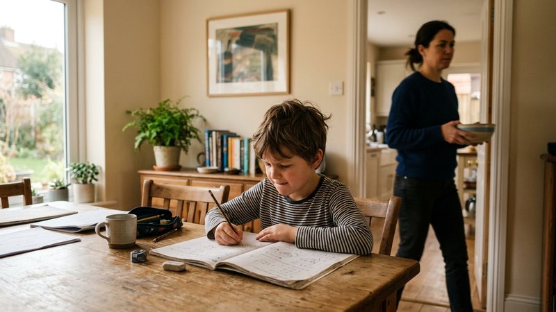 Un niño sentado a la mesa del comedor haciendo sus deberes con expresión de fastidio contenido, pero cumpliendo, mientra