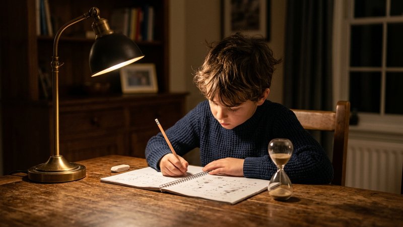 Un niño sentado a la mesa del comedor trabajando concentrado, con un reloj de arena pequeño a un lado marcando el tiempo