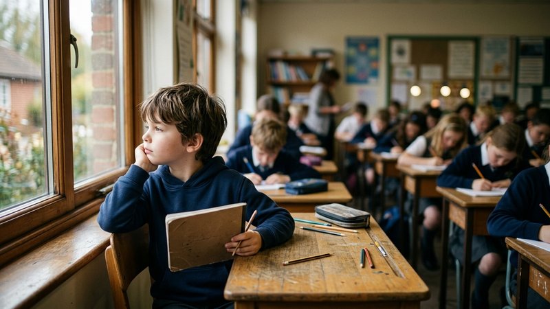 Un niño sentado en un pupitre de aula con el cuaderno ya terminado y la mirada perdida hacia la ventana, mientras el res