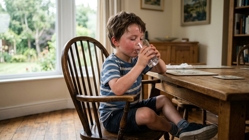 Un niño sentado en una silla del comedor bebiendo agua de un vaso con los ojos cerrados, recuperando el aliento tras mov