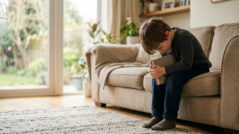 Un niño sentado solo en el borde del sofá con los hombros hundidos y la mirada baja, sosteniendo un libro cerrado contra