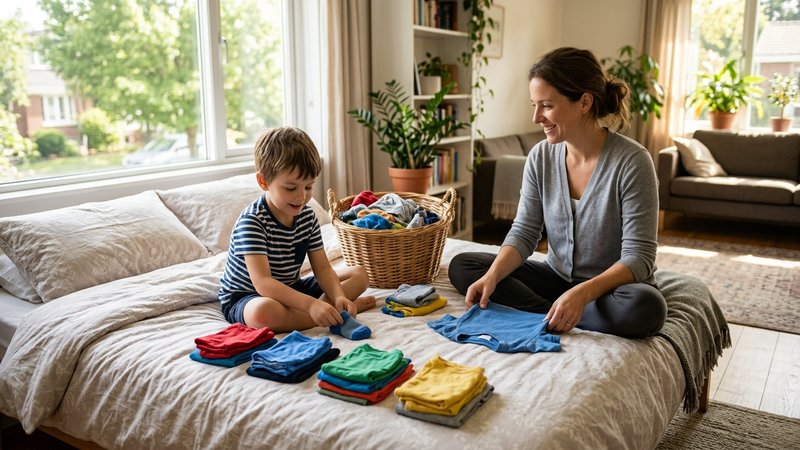 Un niño separando ropa por colores en montoncitos sobre la cama de un salón luminoso, mientras su madre dobla una camise