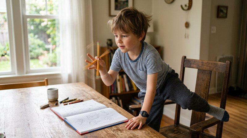 Un niño de siete años levantándose de la silla del comedor y haciendo girar el lápiz entre los dedos, con el cuaderno ab