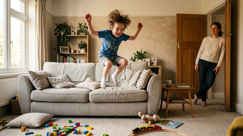 Un niño de unos siete años saltando sobre los cojines del sofá del salón, lleno de energía y con el pelo revuelto, mient