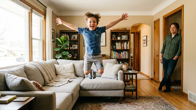 Un niño de siete años saltando desde el sofá del salón con los brazos abiertos y una energía desbordante, mientras su pa