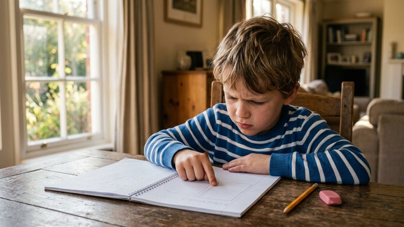 Un niño de unos siete años sentado a la mesa del comedor frente a un cuaderno abierto, siguiendo con el dedo una línea d