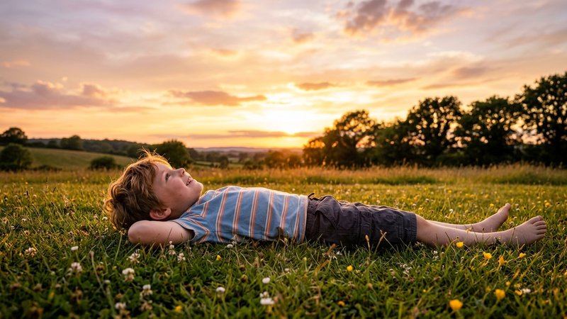 Un niño de siete años tumbado boca arriba sobre el césped de un jardín al atardecer, mirando el cielo con expresión de a