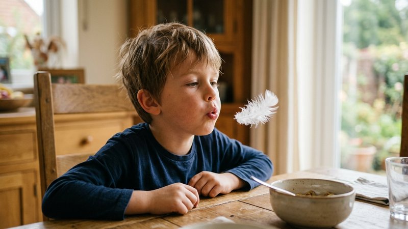 Un niño soplando con la boca entreabierta hacia una pluma blanca que flota suspendida en el aire delante de él, sentado