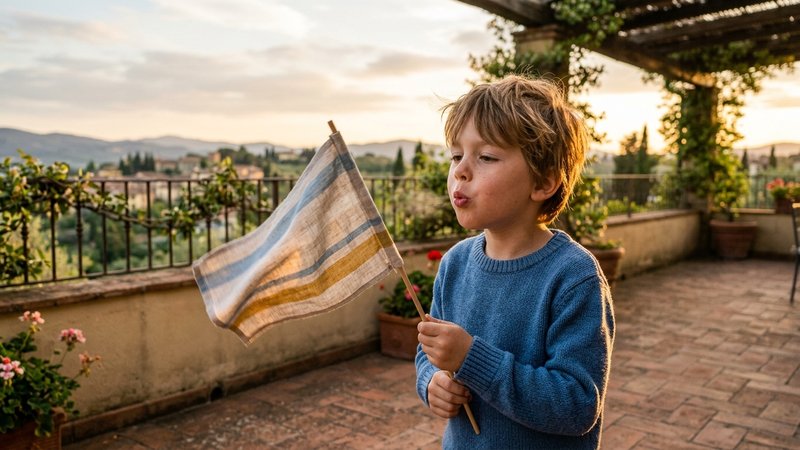 Un niño sujetando una pequeña banderita de tela que ondea suavemente con el aire de su soplido, en la terraza de casa