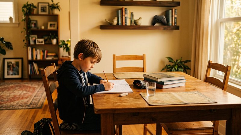 Un niño terminando sus deberes en la mesa del comedor mientras un mando de videojuegos permanece apagado sobre una estan