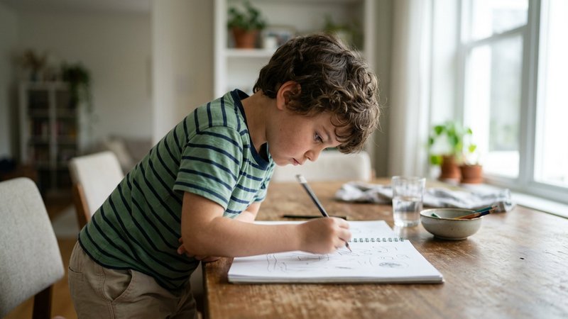 Un niño trabajando con ritmo y concentración en la mesa del comedor, con el cuerpo inclinado hacia el cuaderno y el lápi