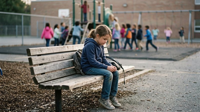 Un niño triste sentado en un banco del patio del colegio, apartado del grupo de compañeros que juegan al fondo, desenfoc