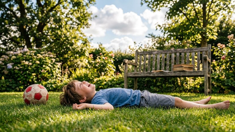 Un niño tumbado boca arriba sobre el césped de un jardín, riéndose y mirando las nubes, con una pelota abandonada a su l
