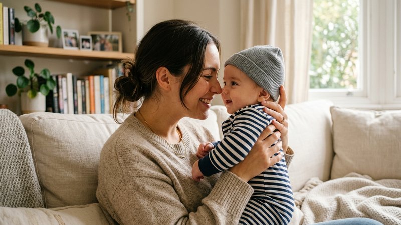 Una madre y su bebé vestido mirándose a los ojos muy de cerca, frente a frente, con una sonrisa tierna en el salón de ca
