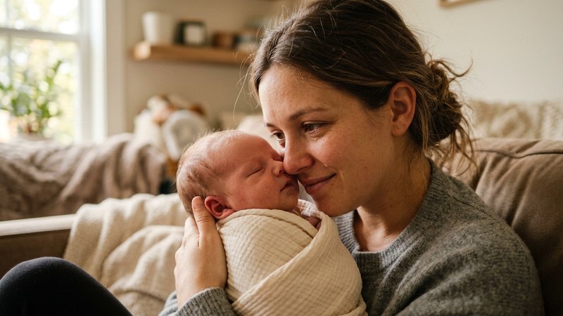 Una madre sosteniendo a su recién nacido vestido muy cerca de su rostro, las dos caras casi juntas, luz suave de casa