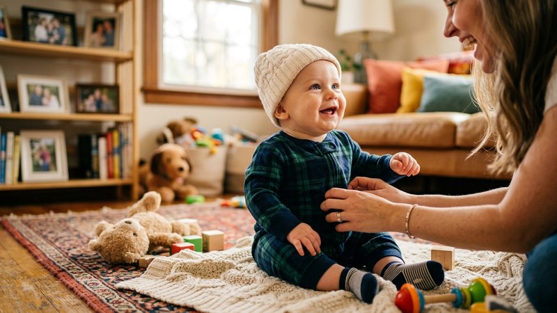 Un bebé de seis meses vestido buscando la mirada de su madre durante un juego alegre, ambiente familiar y luminoso
