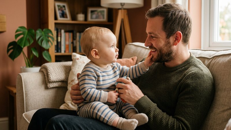 Un bebé vestido observando con calma y curiosidad el rostro de su padre, sentados juntos frente a frente en casa