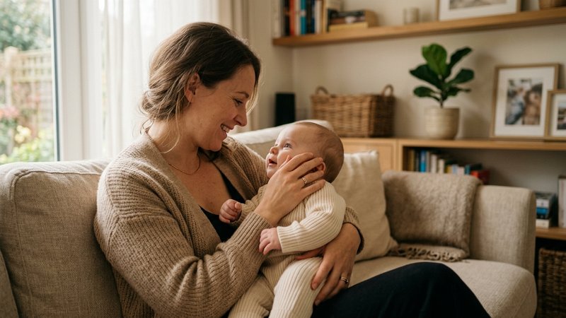 Una madre y su bebé vestido en un ambiente sereno y silencioso del hogar, ella acariciándole con ternura mientras lo mir