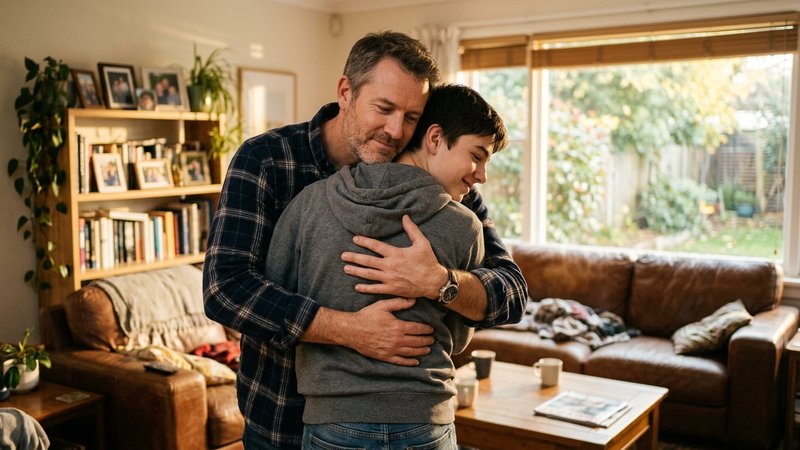Un padre abrazando brevemente a su hijo adolescente en el salón, con una mano firme en su espalda y expresión de afecto