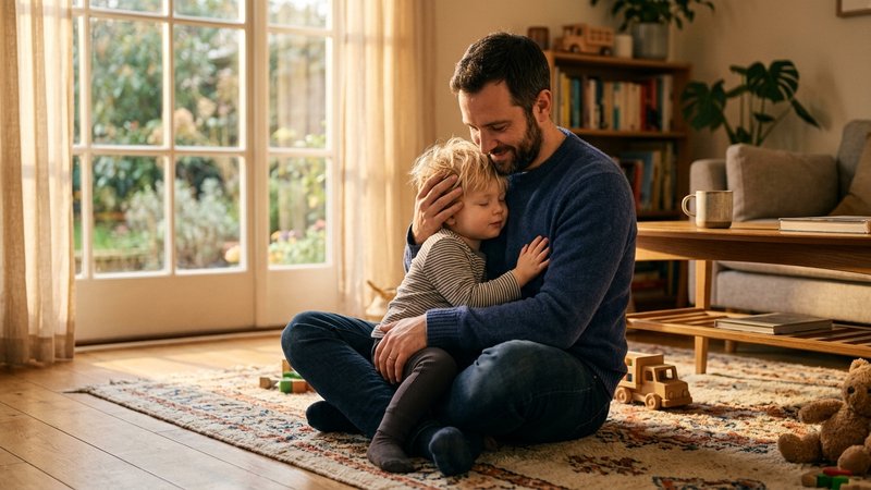 Un padre abrazando a su hijo de dos años ya calmado, sentados los dos en el suelo del salón, el niño apoyando la cabeza