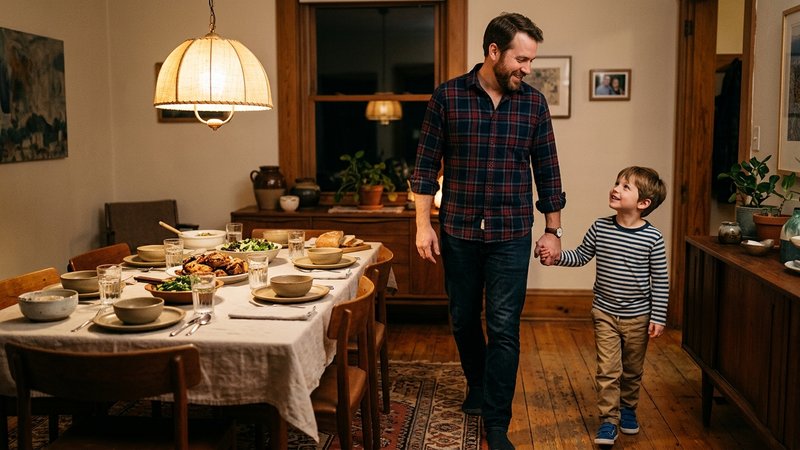 Un padre acompañando a su hijo pequeño de la mano hasta la mesa del comedor, ambos caminando con tranquilidad, mientras