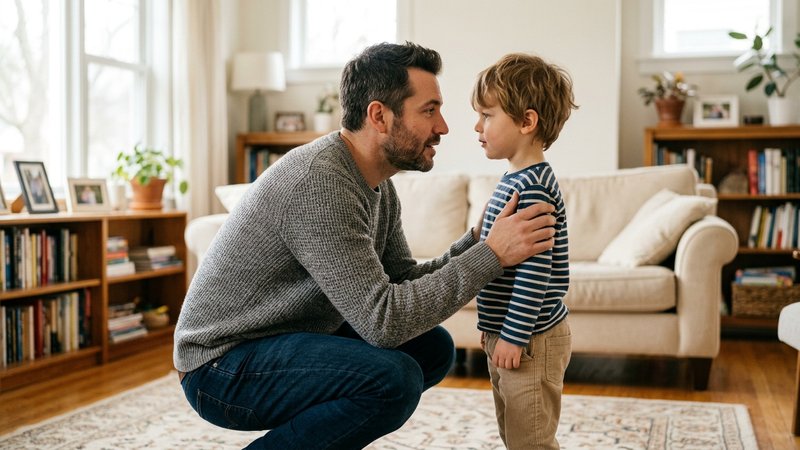 Un padre agachado a la altura de su hijo pequeño, muy cerca de él, mirándolo a los ojos y sujetándole con suavidad los h