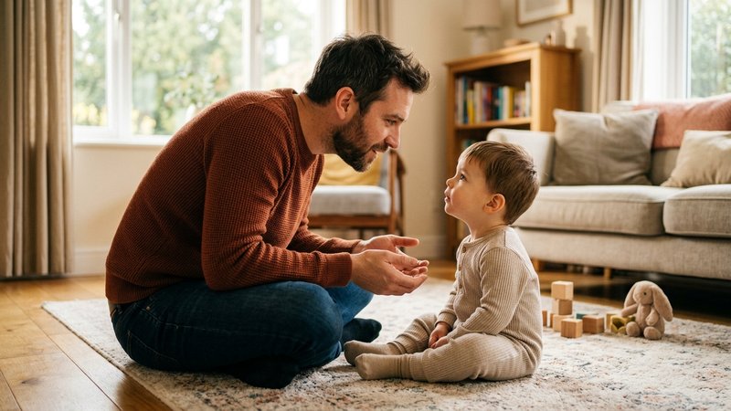 Un padre agachado a la altura de su hijo de poco más de un año, hablándole muy cerca con expresión tranquila y las manos