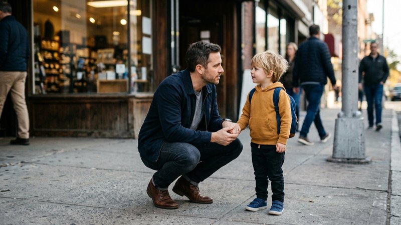 Un padre agachado frente a su hijo pequeño en la acera, a la entrada de una tienda, sujetándole la mano y explicándole a