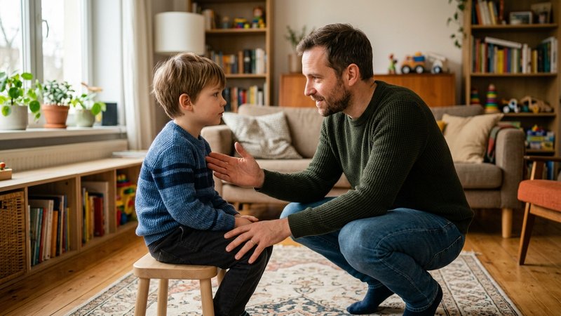 Un padre agachado frente a su hijo en el salón, ayudándole a poner nombre a lo que siente con gesto atento y las manos a