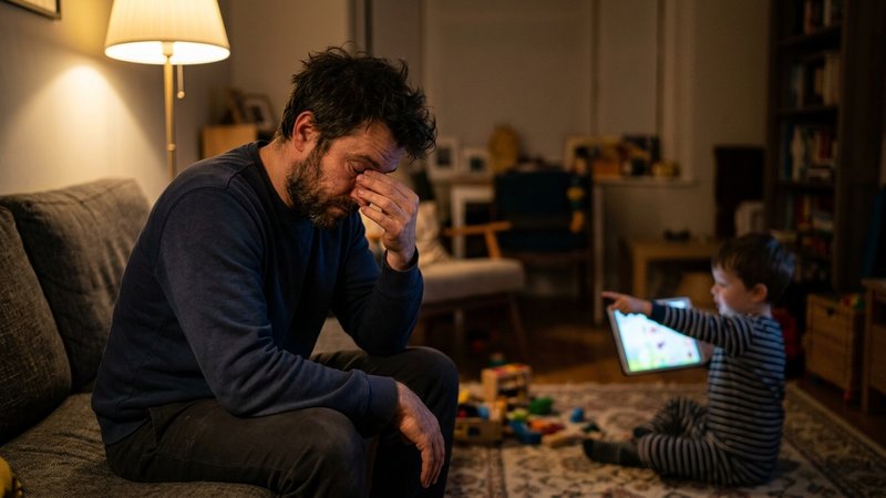 Un padre agotado sentado en el borde del sofá al final del día, frotándose los ojos con una mano, mientras al fondo dese