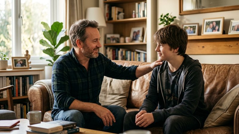 Un padre apoyando la mano en el hombro de su hijo adolescente y reconociéndole un avance con una sonrisa breve y sincera