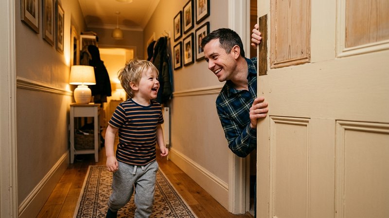 Un padre asomándose desde detrás del marco de una puerta con una sonrisa juguetona mientras su hijo pequeño lo descubre