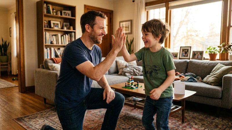 Un padre chocando la mano con su hijo de ocho años en el salón, ambos sonriendo por un pequeño logro conseguido