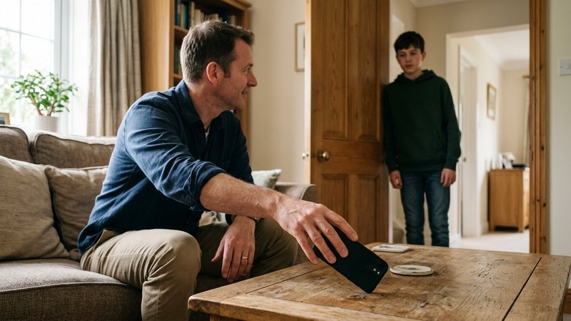 Un padre dejando un teléfono móvil sobre la mesa del salón sin mirarlo, respetando la intimidad de su hijo, que lo obser