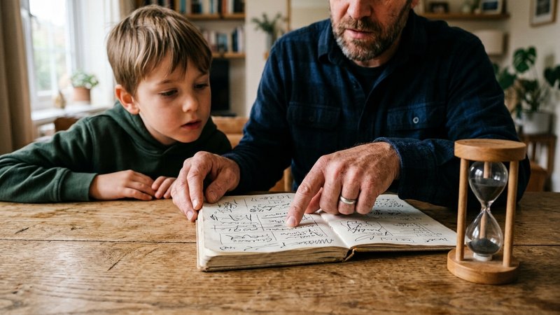 Un padre dividiendo con el dedo una tarea en partes sobre un cuaderno abierto, mientras su hijo observa atento; junto a
