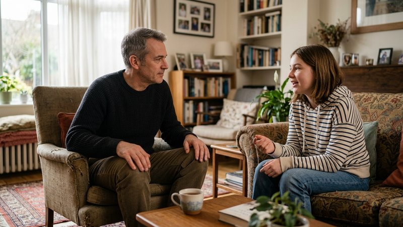 Un padre escuchando en silencio, con las manos quietas sobre las rodillas, mientras su hija adolescente habla sentada fr