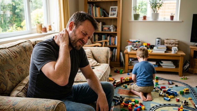 Un padre con expresión de frustración contenida en el salón, pasándose la mano por la nuca tras repetir varias veces una
