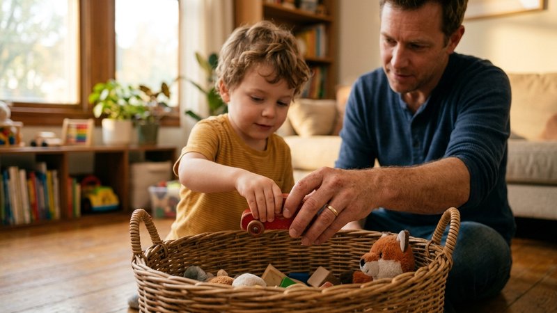 Un padre guiando con delicadeza la mano de su hijo pequeño para que deje un cochecito de juguete en una cesta de mimbre,