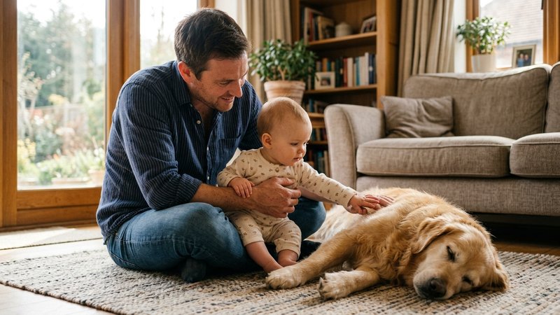 Un padre guiando la mano de su bebé para que acaricie suavemente el lomo de un perro tranquilo tumbado en la alfombra de