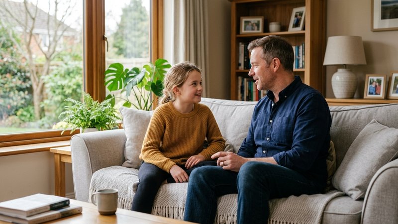 Un padre y su hija de once años sentados a la mesa de la cocina con dos vasos de agua, hablando tranquilamente mientras