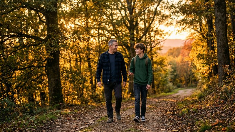 Un padre y su hijo adolescente caminando juntos por un paseo arbolado al atardecer, uno al lado del otro, hablando con c