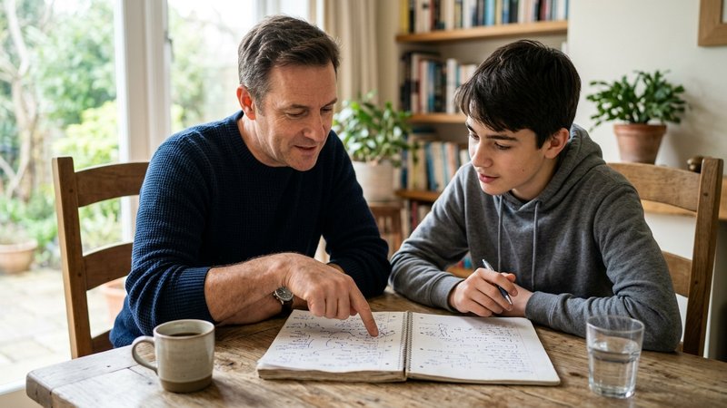 Un padre y su hijo adolescente revisando juntos un cuaderno abierto sobre la mesa, el padre señalando algo con el dedo y