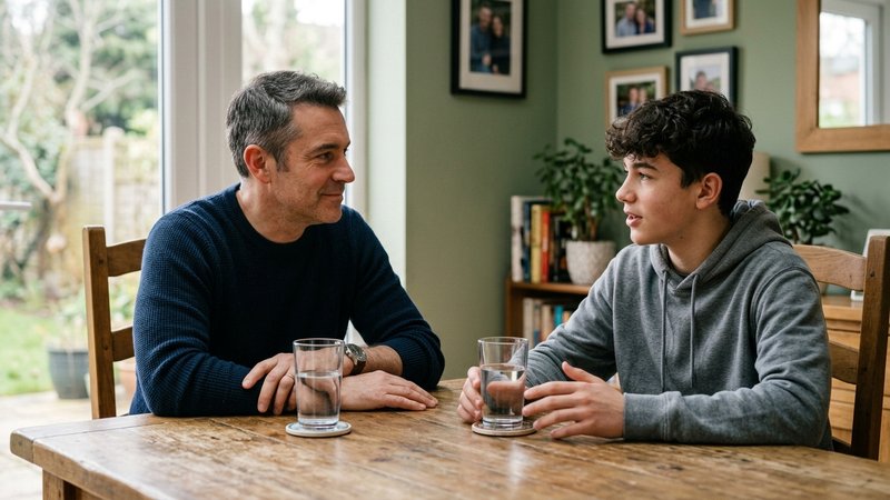 Un padre y su hijo adolescente sentados frente a frente en la mesa del comedor, conversando con calma sobre algo importa