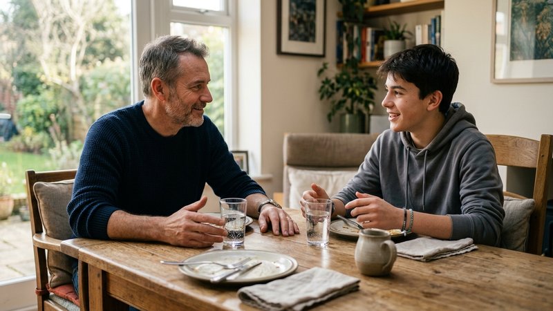 Un padre y su hijo adolescente sentados frente a frente en la mesa del comedor, conversando en igualdad de condiciones,