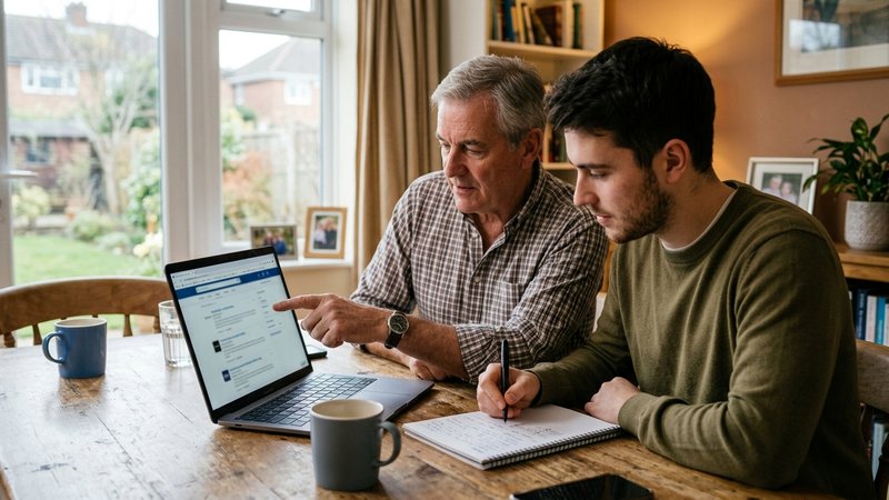 Un padre y su hijo adulto sentados frente a un portátil en la mesa del comedor, revisando juntos ofertas de empleo; el p